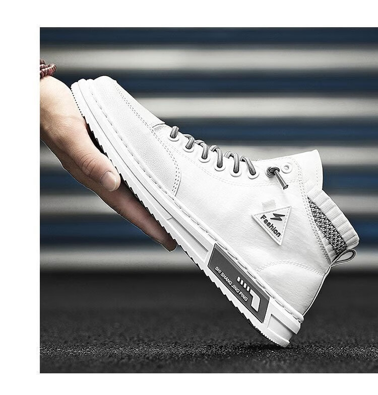 plover男鞋透气平底高帮帆布鞋男士韩版百搭休闲小白鞋 白金(皮面款)