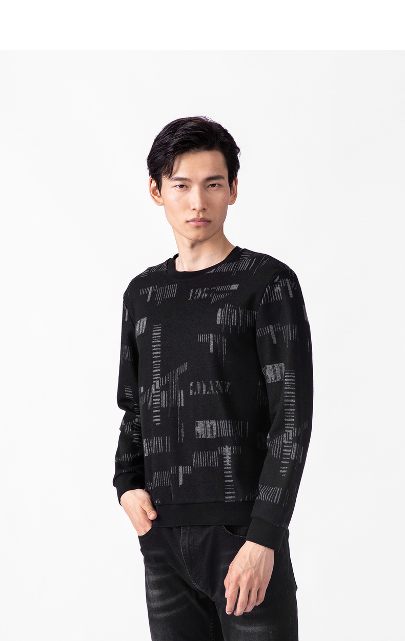 下-利郎圆领卫衣男修身2021冬季新款提花潮流时尚长袖t恤 黑橙间色(20