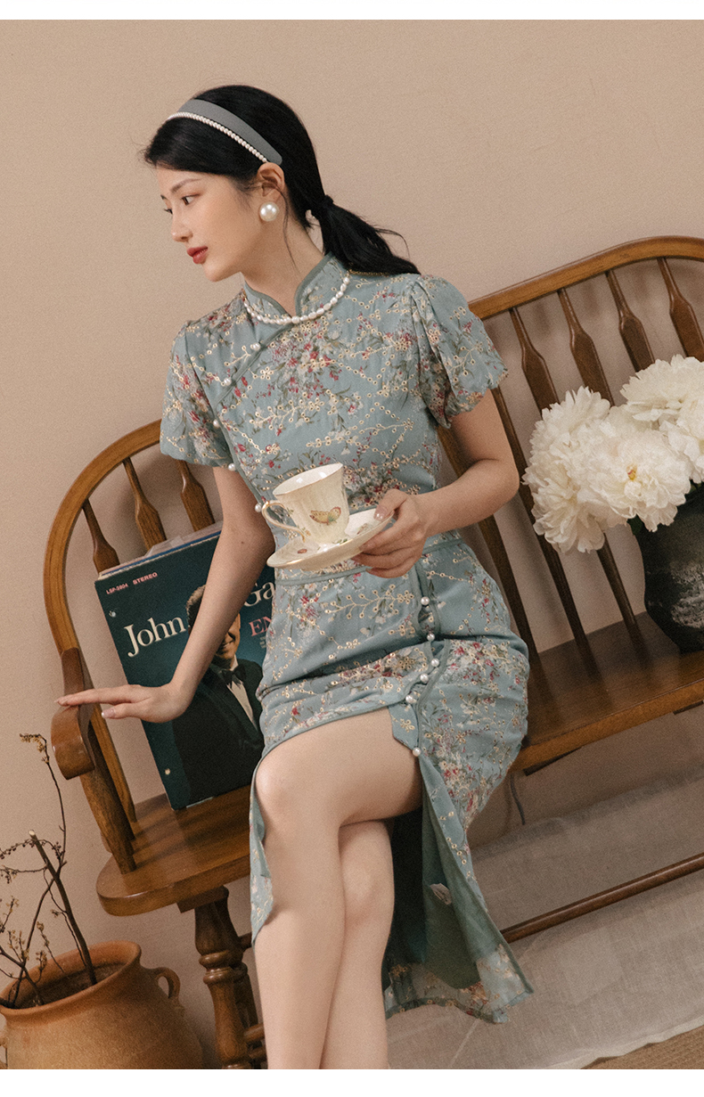 优雅气质旗袍连衣裙改良时尚收腰显瘦2021中长款裙子 花色(带项链) s