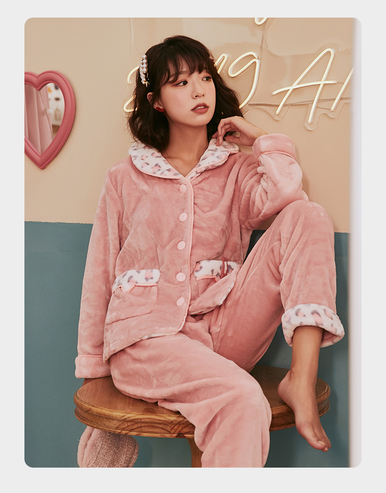 芬腾秋冬款睡衣女珊瑚绒保暖加厚加绒粉红豹纹甜美冬季家居服套装粉桔