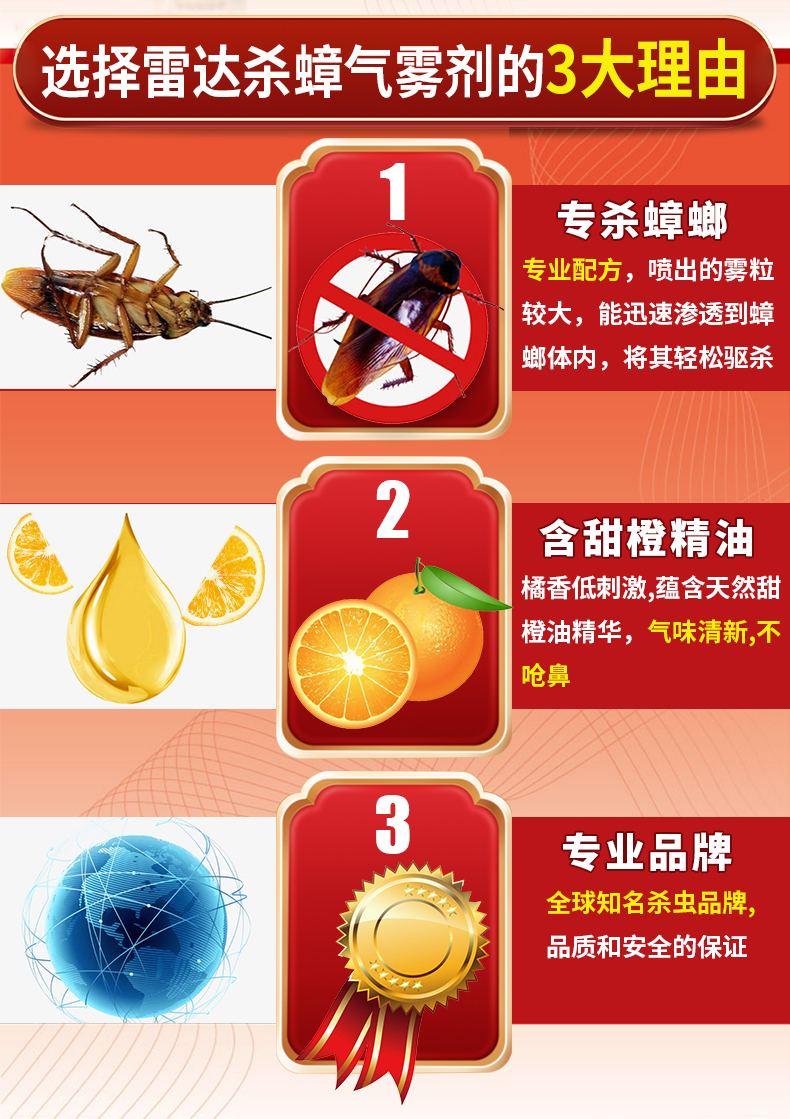 雷达raid杀蟑剂喷雾600ml天然柑橘香型杀虫剂喷雾杀虫气雾剂杀蟑螂药