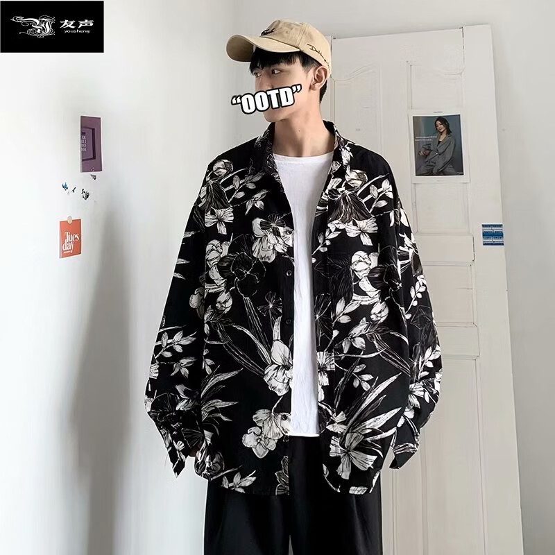 友声花衬衫男长袖韩版潮流男生衬衣上衣痞帅气春季ins港风日系潮 黑色