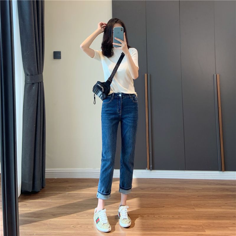 牛仔裤女中腰筷子腿超弹烟管裤直筒薄款软牛仔裤九分裤女春夏黑色xs