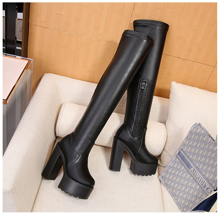 雨萌雅 恨天高长靴秋冬女粗跟超高跟过膝靴14cm防水台夜场舞台靴子