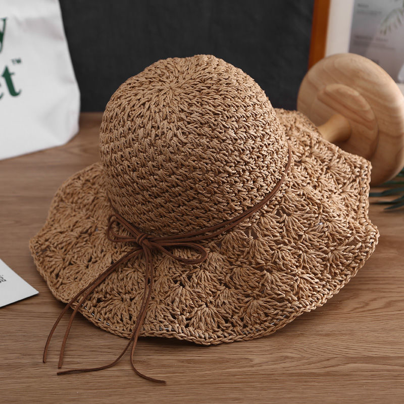 帽女太阳夏天出游遮阳沙滩百搭帽子草编凉帽米色两根绳风绳帽围5658cm