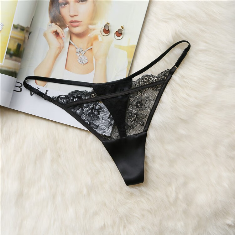 网将舒适抗菌真丝丁字裤女性感桑蚕丝透明女内裤低腰蕾丝拼接缎面t裤