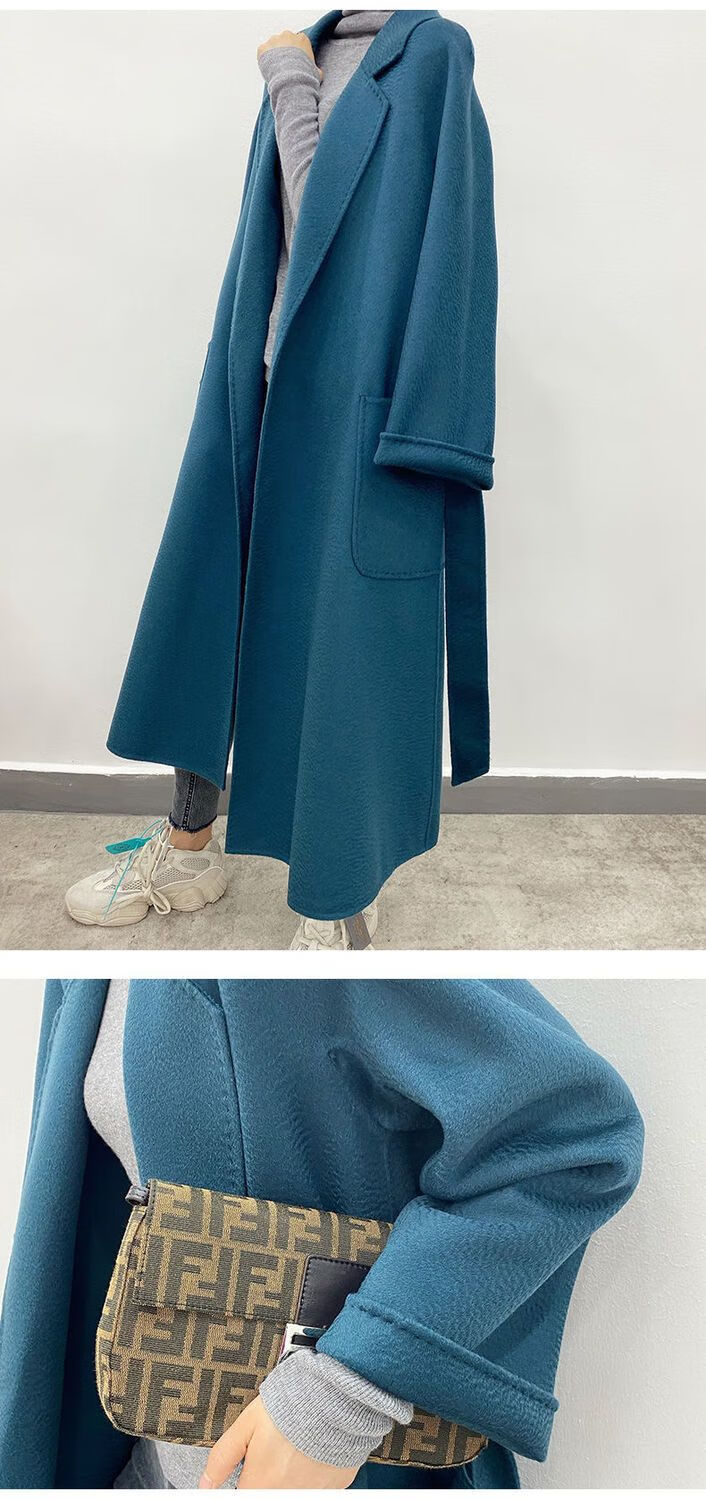 高端水波纹双面羊毛羊绒大衣女中长款秋冬新过膝毛呢外套 祖母绿 xl