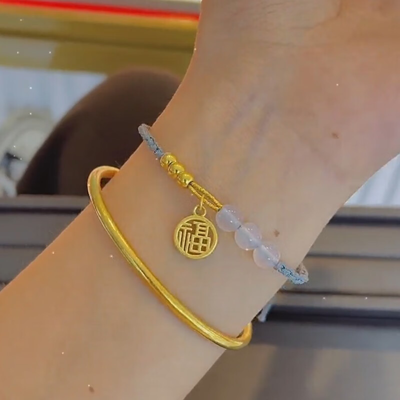 老凤凰 999足金黄金小福牌编织手绳黄金手链女小金珠福字玉珠手串送女