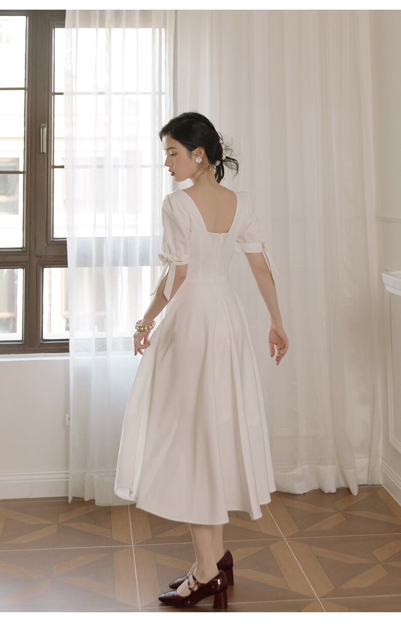 侣扁2021新款夏法式复古裙文艺温柔风翩跹白天鹅短袖连衣裙白色s