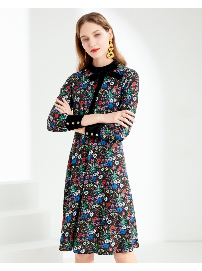 沐兰高端印花连衣裙春装新款优雅丝绒蝴蝶结圆领长袖中长款克红花46