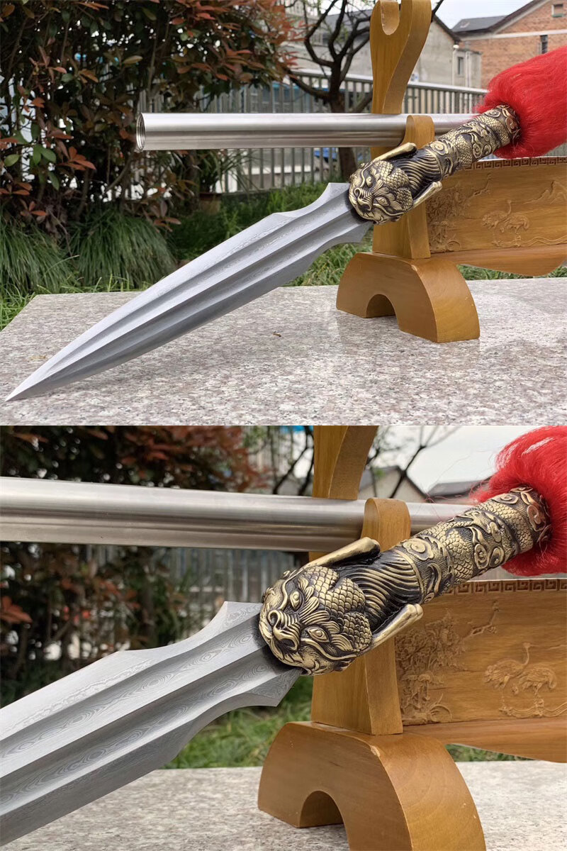 龙泉霸王枪花纹钢长q枪枪头长矛古代冷兵q器赵云枪红缨枪未开刃 白色