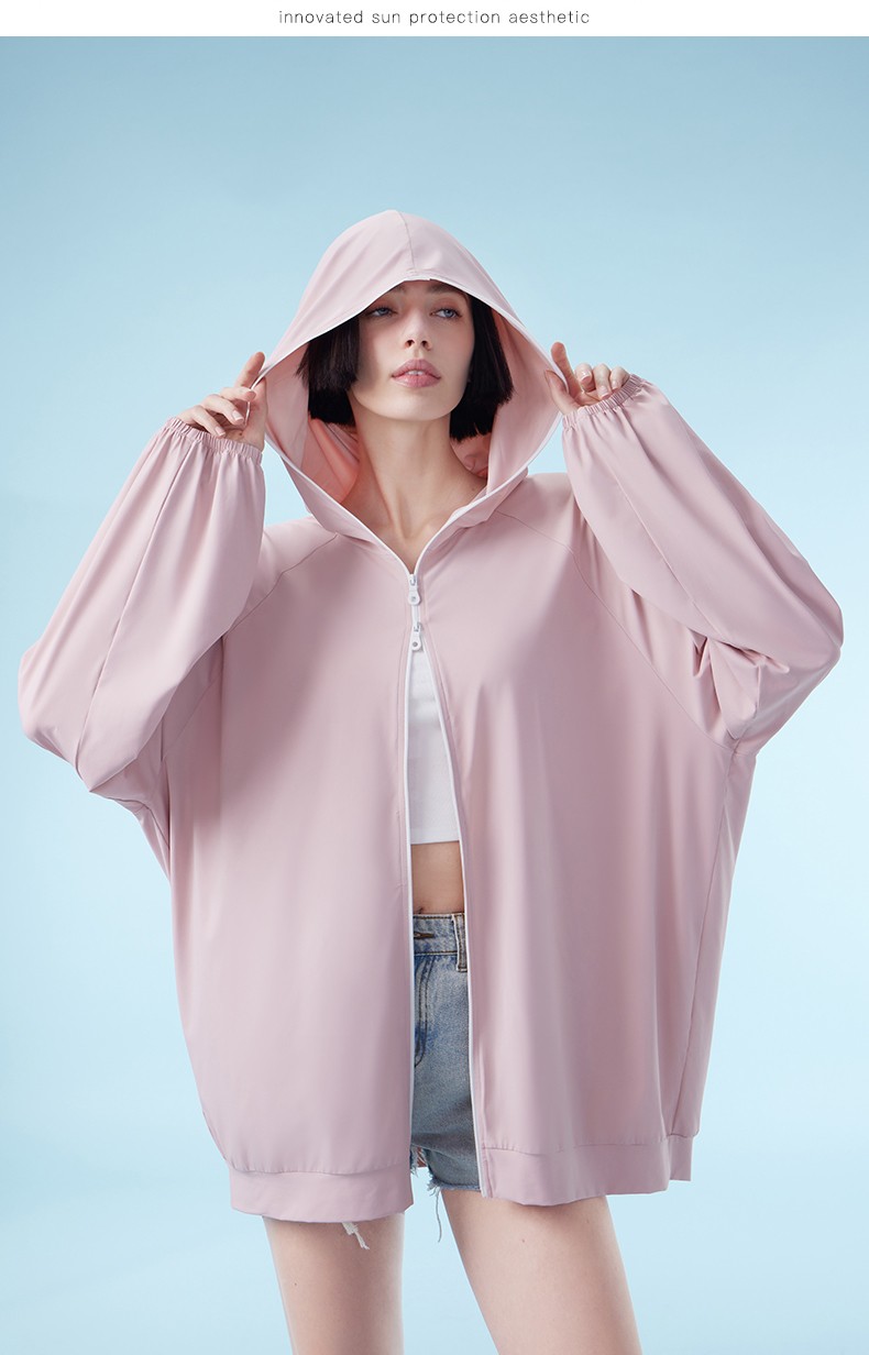 rau防晒衣女新款宽松户外防紫外线透气连帽垂感360度防晒外套女奶油粉