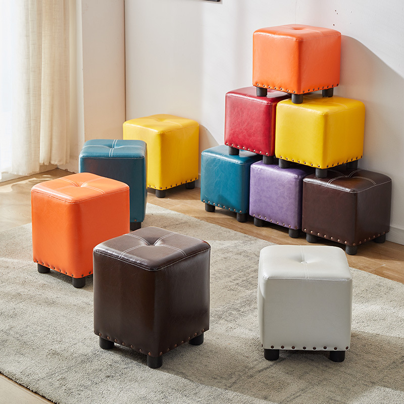 北欧矮凳家用客厅茶几小凳子网红皮质方凳休闲椅子软包创意小板凳橙色