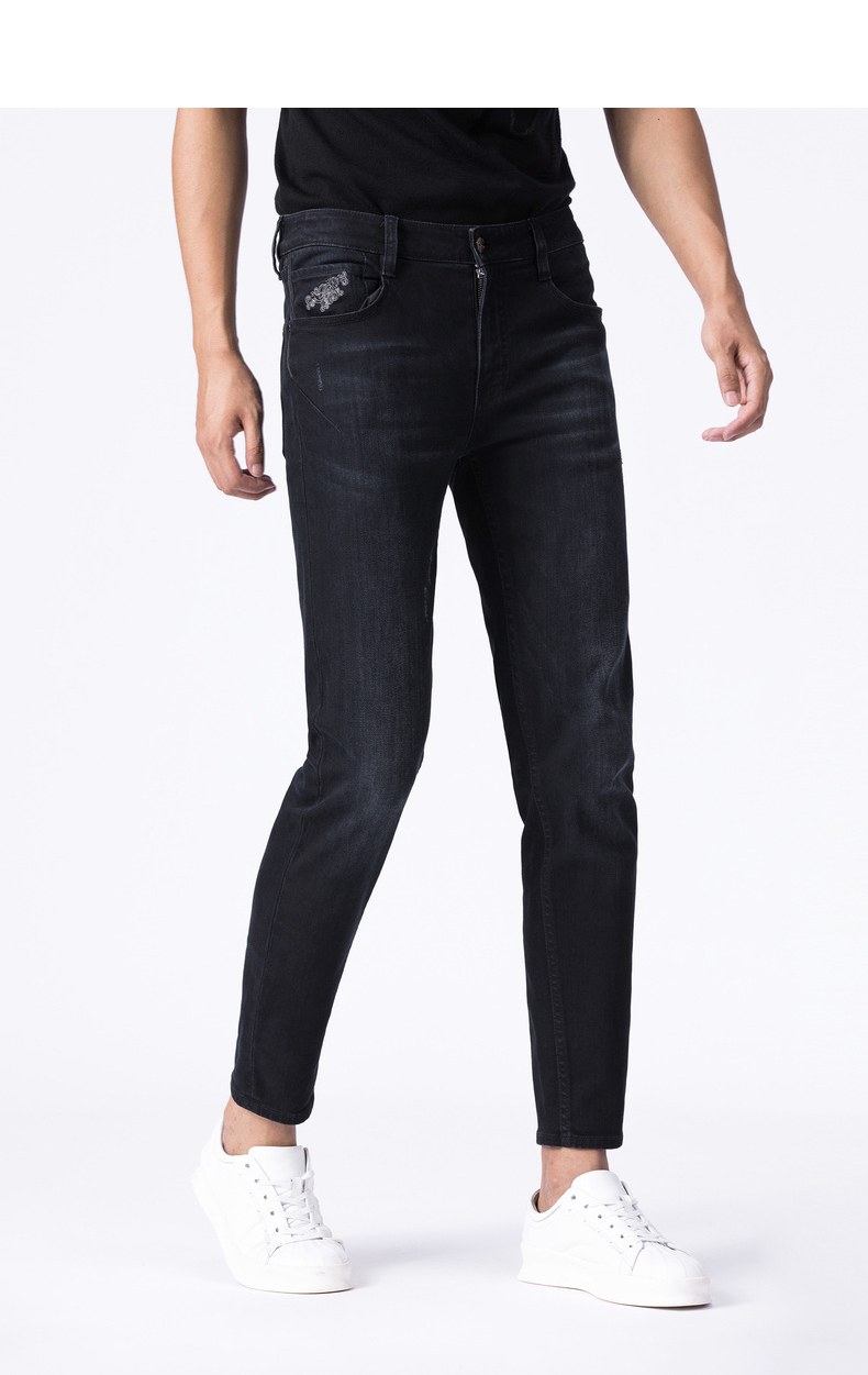 下-利郎牛仔裤男低腰窄脚九分裤2021冬季新款刺绣猫抓纹牛仔男裤 蓝色