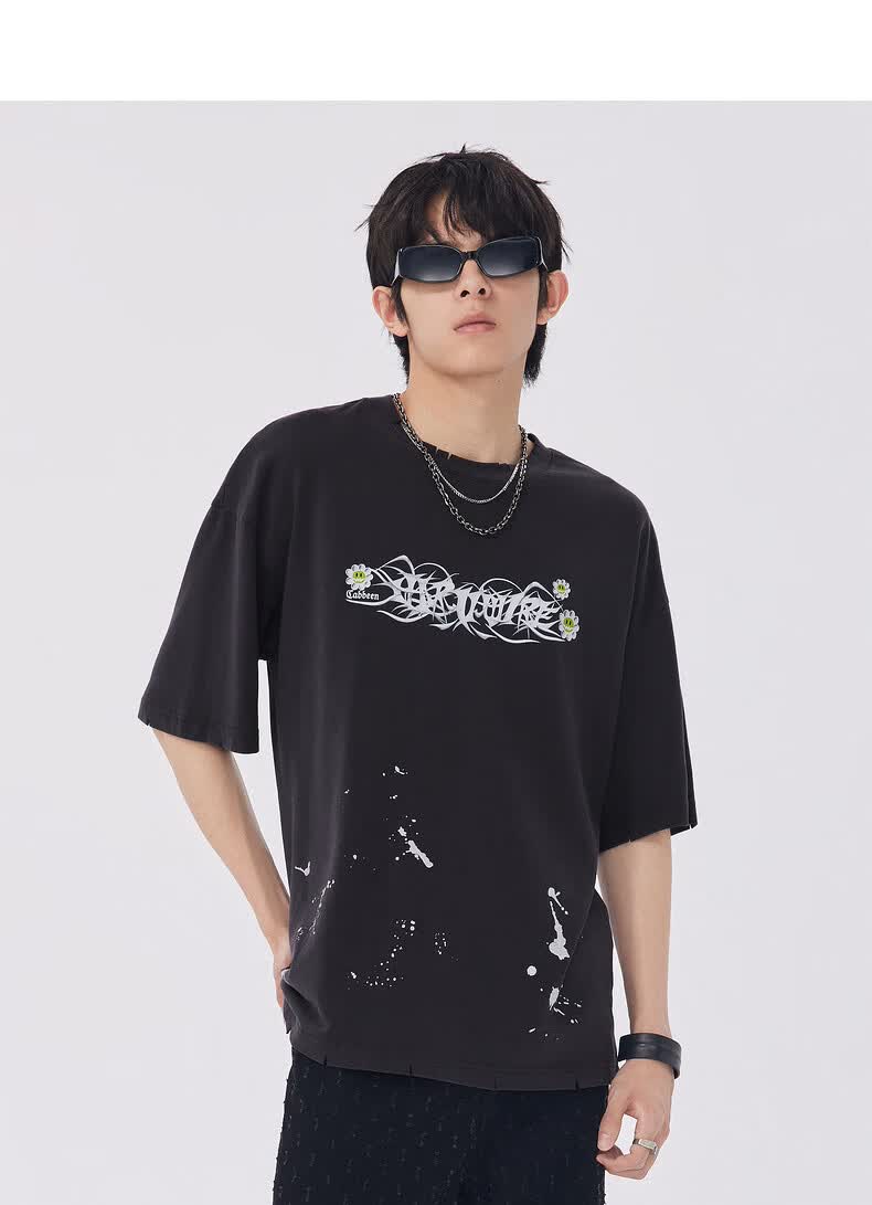 小鬼王琳凯同款商场同款cabbeen卡宾男装短袖t恤街头印花剪破休闲潮h