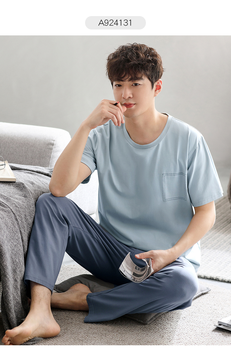 莫代尔睡衣男士夏季纯棉短袖长裤家居服男款男式夏款夏天薄款套装a924