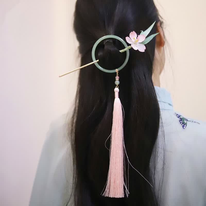 烫花发饰复古风发簪流苏发环汉服后压头饰女芊叶桃流苏后压一组现货