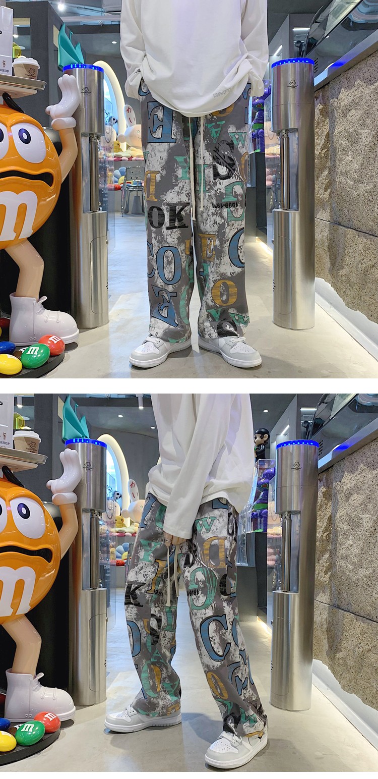 肆缄涂鸦裤子男加肥加大码潮流宽松韩版百搭直筒裤休闲裤九分裤阔腿裤