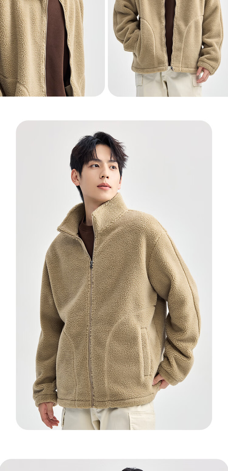 Giordano Fleece Jacket for Men, Faux Sherpa Warm Coat, Quilted Pocket, Stand Collar, Zipper Jacket for Men 01074857 14