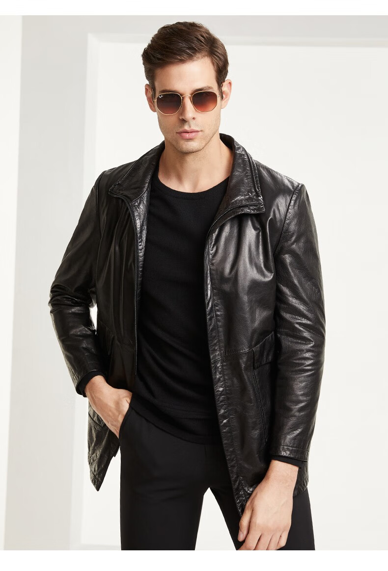 雪豹秋冬真皮皮衣男士外套头层牛皮休闲机车皮夹克秋冬黑色180100a52