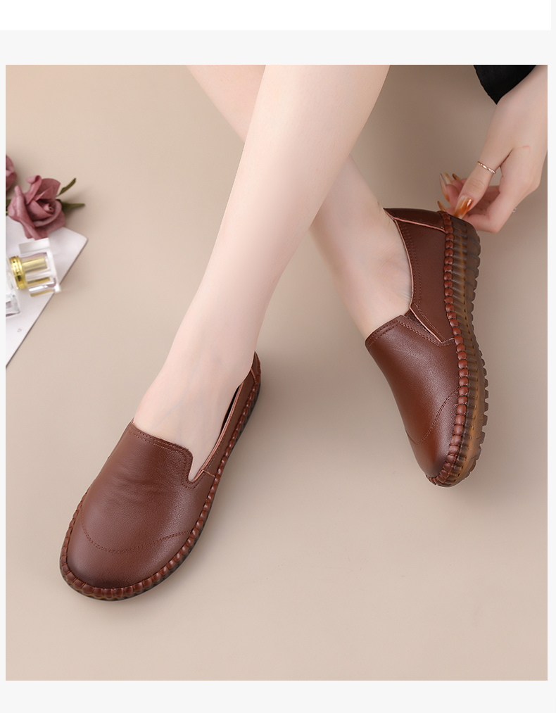 红蜻蜓2021春秋女鞋中老年妈妈鞋真皮防滑老人皮鞋女平底软底单鞋棕色