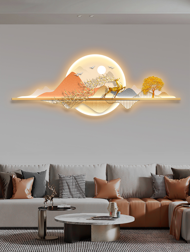木品缘 轻奢新中式客厅装饰画背有靠山创意麋鹿led发光灯画现代简约