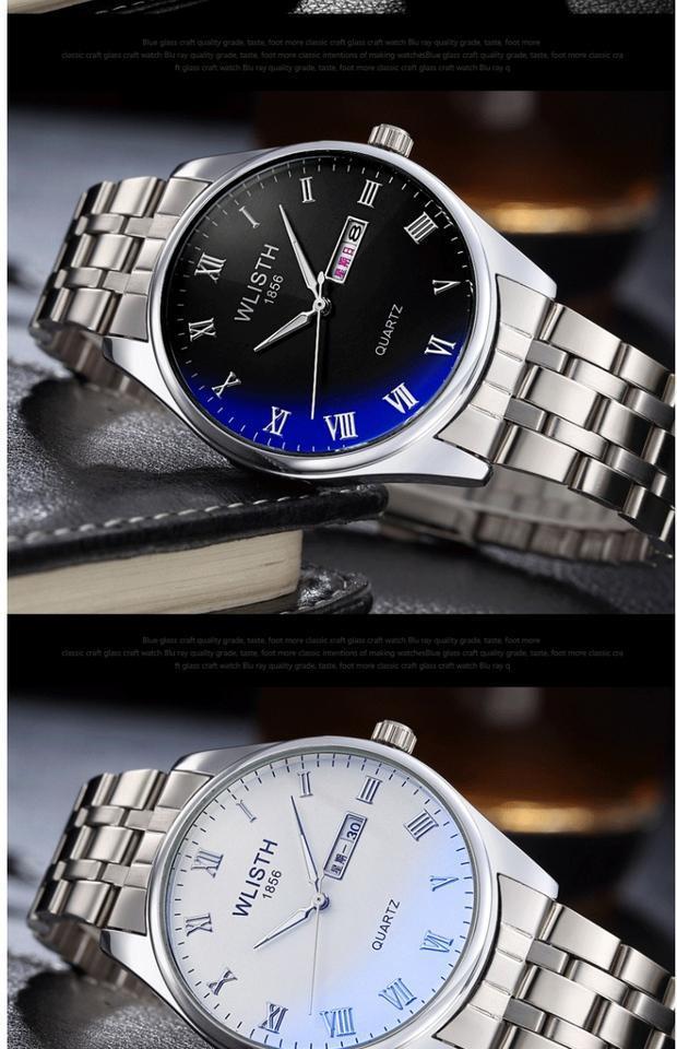 沃力仕蓝光镜面男士石英表钢带防水夜光男女手表商务双历表情侣表男款