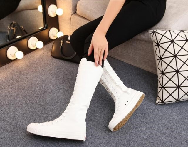 远步长筒内增高帆布鞋女侧拉链高帮女鞋韩版高筒靴 学生休闲板鞋 黑色