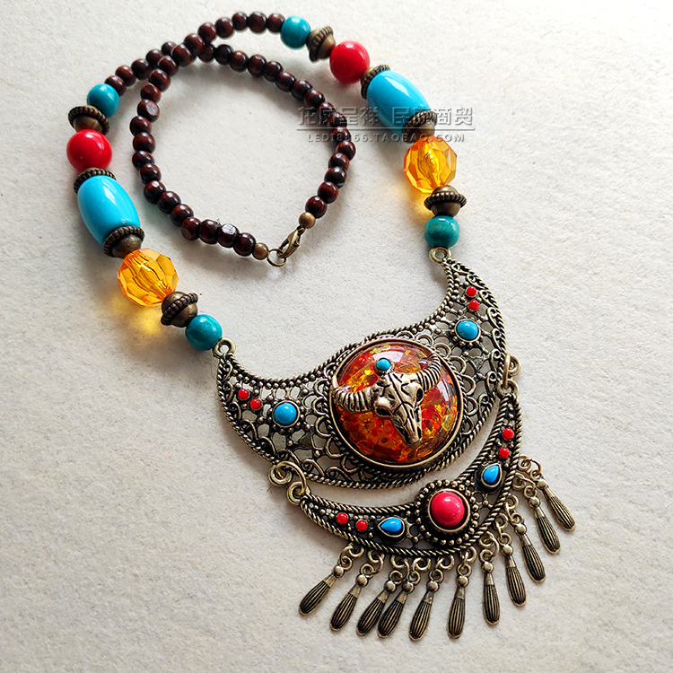 民族风毛衣链项链蒙古族藏族特色中长款饰品女士复古舞蹈配饰 牛角