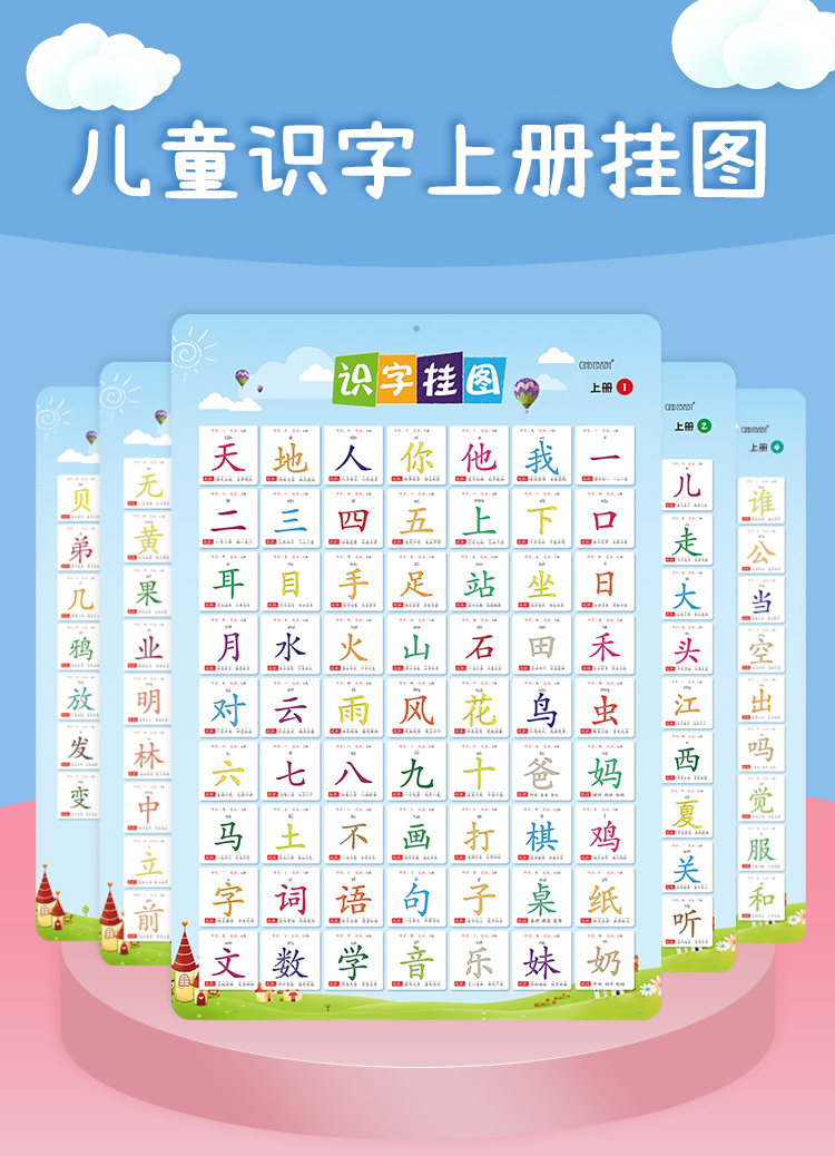 汉语拼音宝宝学习认知认字早教幼儿墙贴 识字带笔画挂图共5张(304字)