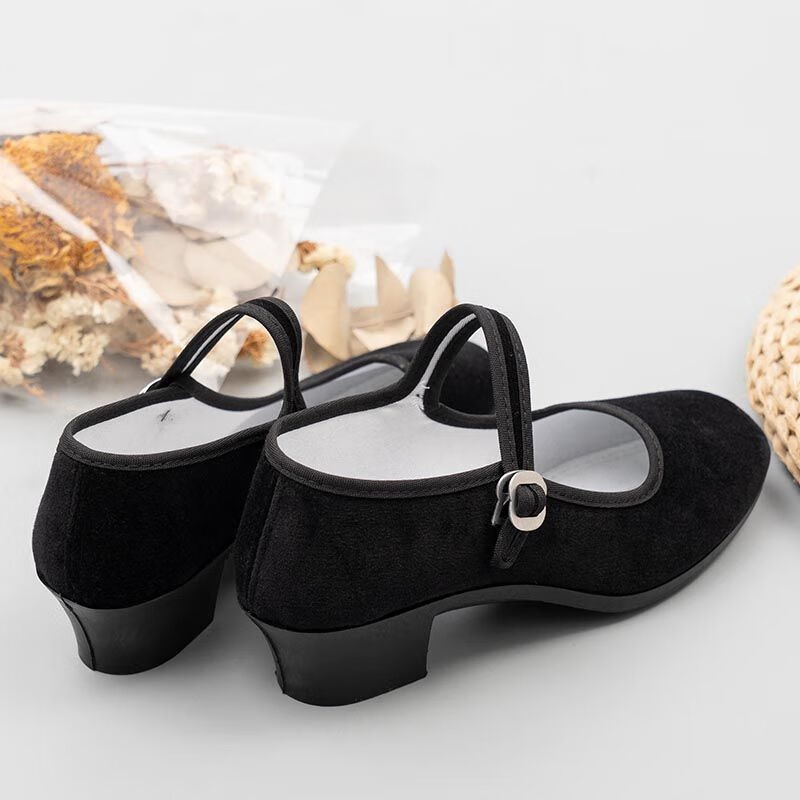 模特走秀鞋老北京布鞋高跟一字带舞蹈鞋酒店工作鞋黑平绒浅口跳舞单鞋