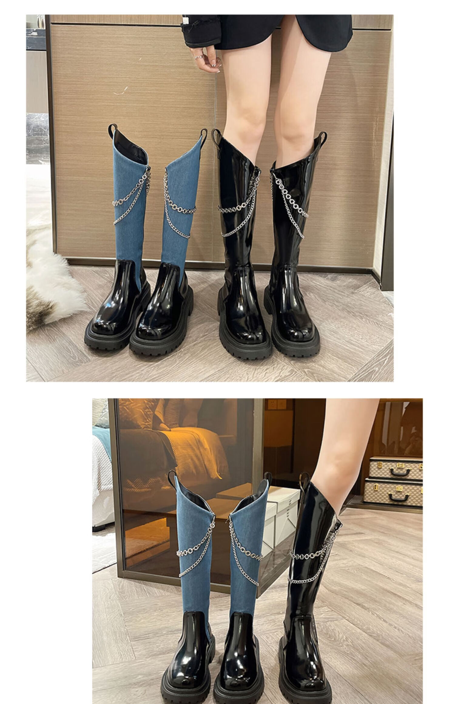 奕辕 大东女靴长靴冬季女生长靴小众复古链条牛仔女生百搭显瘦靴厚底