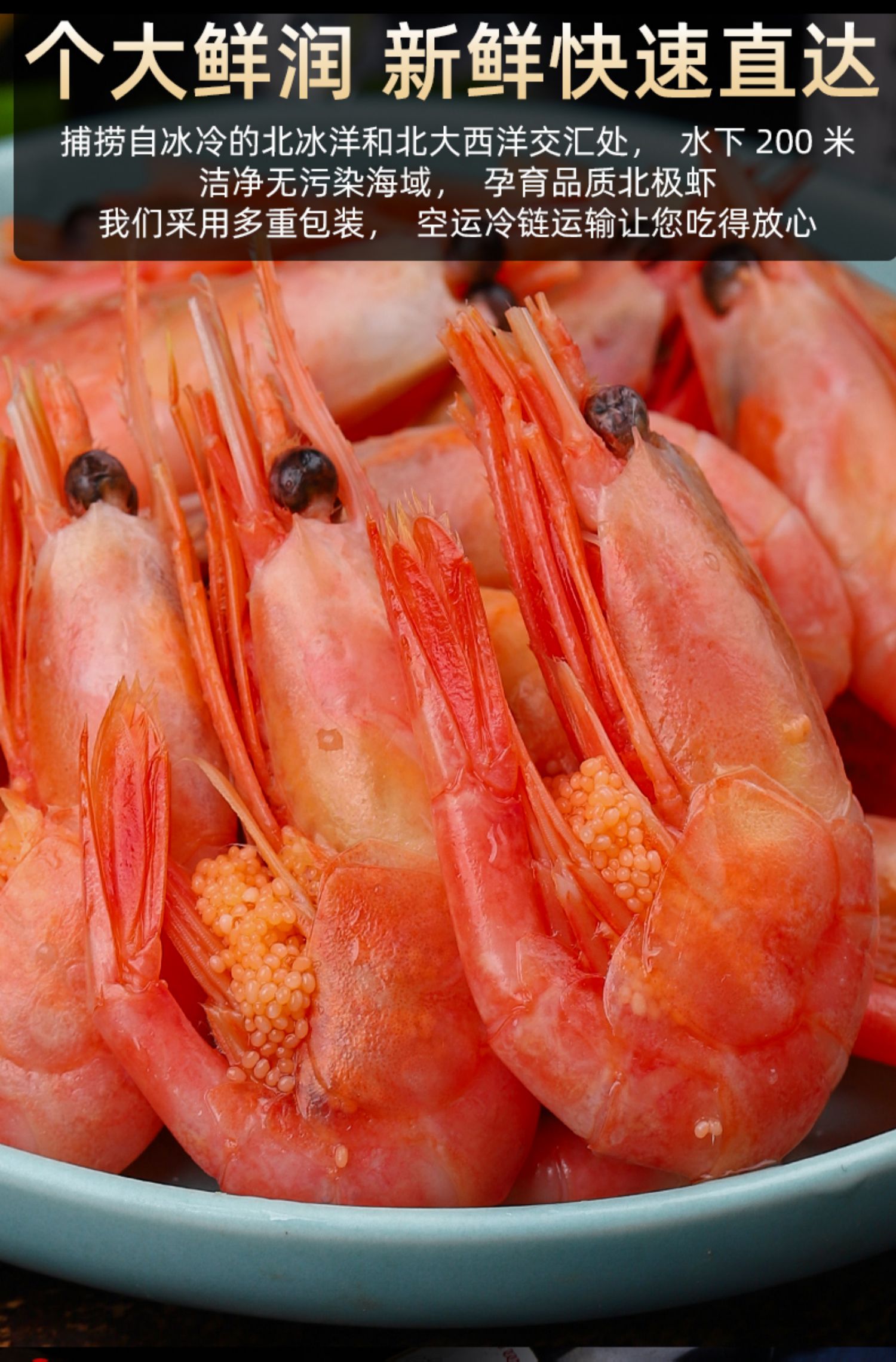 北极虾甜虾特大号刺身即食冰虾鲜活带籽腹籽海鲜水产冻虾北极甜虾海鲜