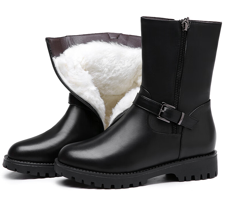 军勾冬季加绒女士真皮棉鞋女短靴平跟妈妈鞋羊毛棉靴女式棉皮鞋中筒靴