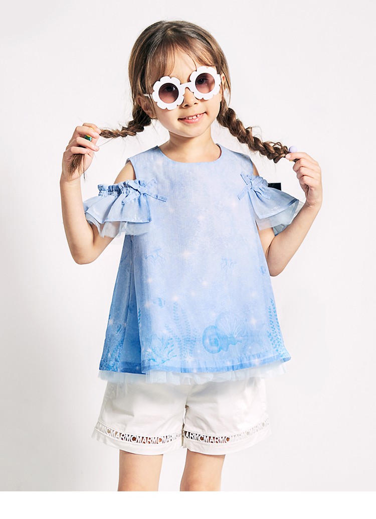 chiaus雀氏童装女童雪纺衫儿童短袖t恤海洋2022夏季新款公主露肩上衣