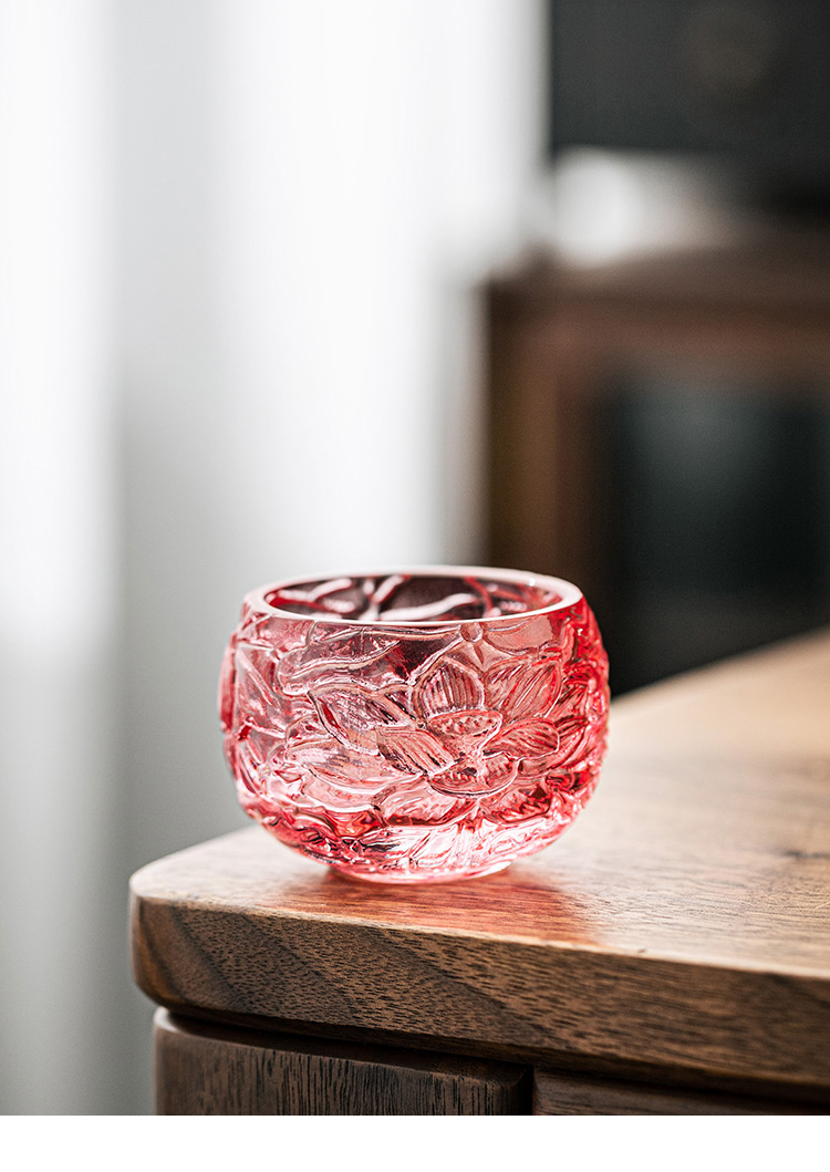 浮雕莲花水晶玻璃品茗杯女喝茶小杯子茶盏主人杯单个功夫茶具茶杯水晶
