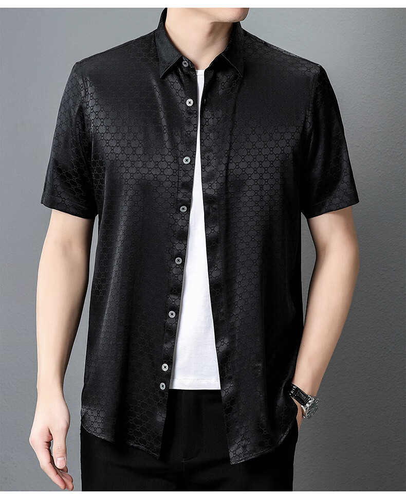夏季新款感商务休闲弹力缎真丝衬衫大码衬衣丝绸男装联名款黑色17084a