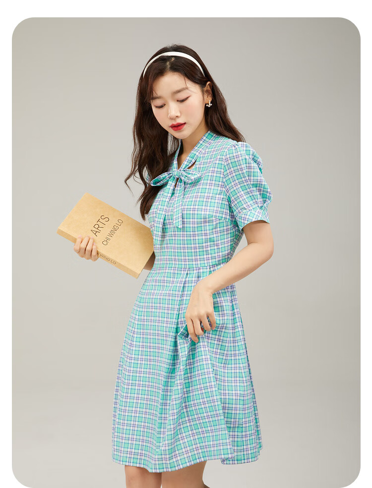 eland衣恋官方集团依恋春夏季衣服格纹纯棉蝴蝶结系带连衣裙女通勤