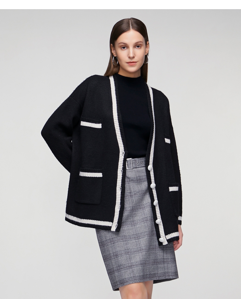 g2000女装2021新款oversize针织开衫黑白撞色减龄v领慵懒外套16771330