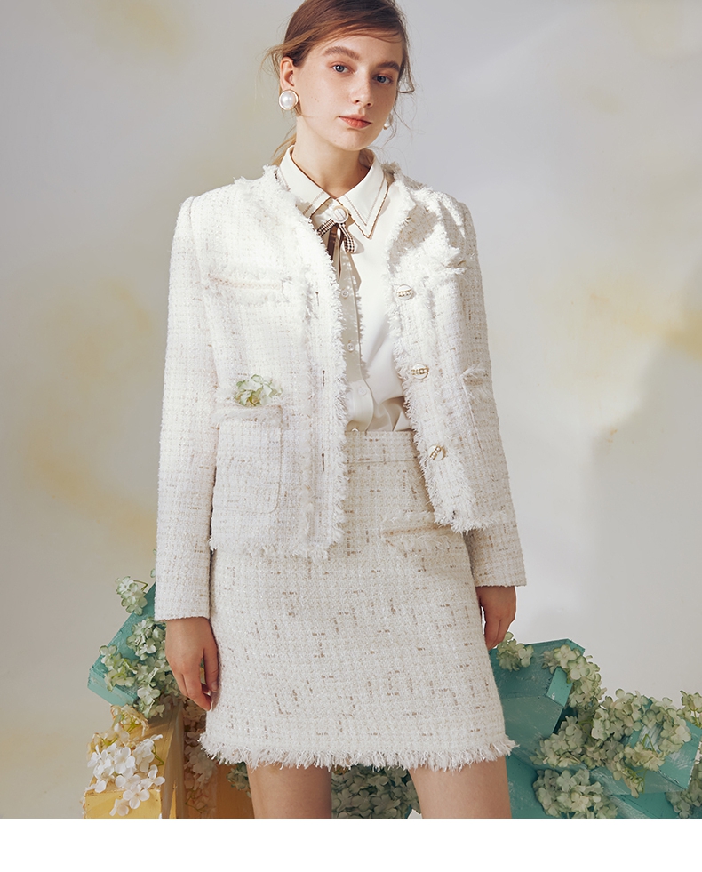 mofan2021秋甜美米色小香风外套女粗花呢上衣高腰半身 下装 l