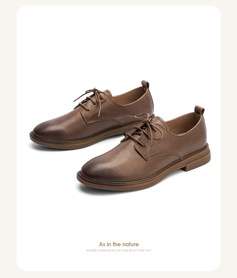 女鞋英伦风小皮鞋女秋季新款百搭低跟单鞋真皮平底工作鞋 暗棕色 39