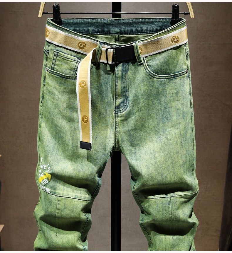 普陀西部牛仔帅气秋天牛仔裤男柔软印花拼接款修身弹性个性军绿色百搭