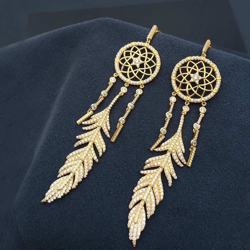 apm monaco金黄色捕梦网流苏羽毛耳环耳饰女欧美风明星款个性耳坠