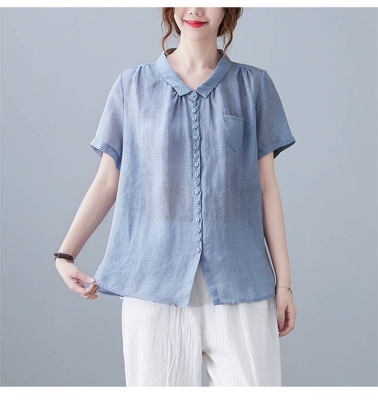 浪莎夏装2021年新款翻领薄款小衫短袖宽松棉麻衬衫女士女式减龄透气