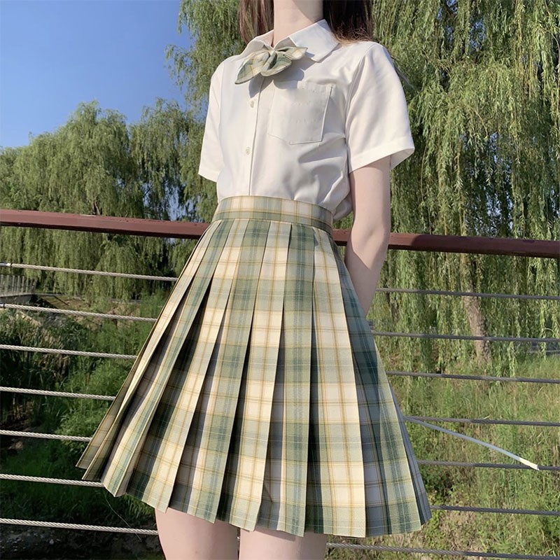 猫耳酱抹茶威化jk制服裙原创绿格子短裙日系少女学生校服百褶裙现货格
