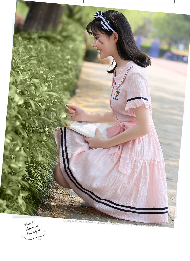 学生夏装学院风初中生娃娃领a字裙小清新少女连衣裙甜美中长裙 浅蓝色