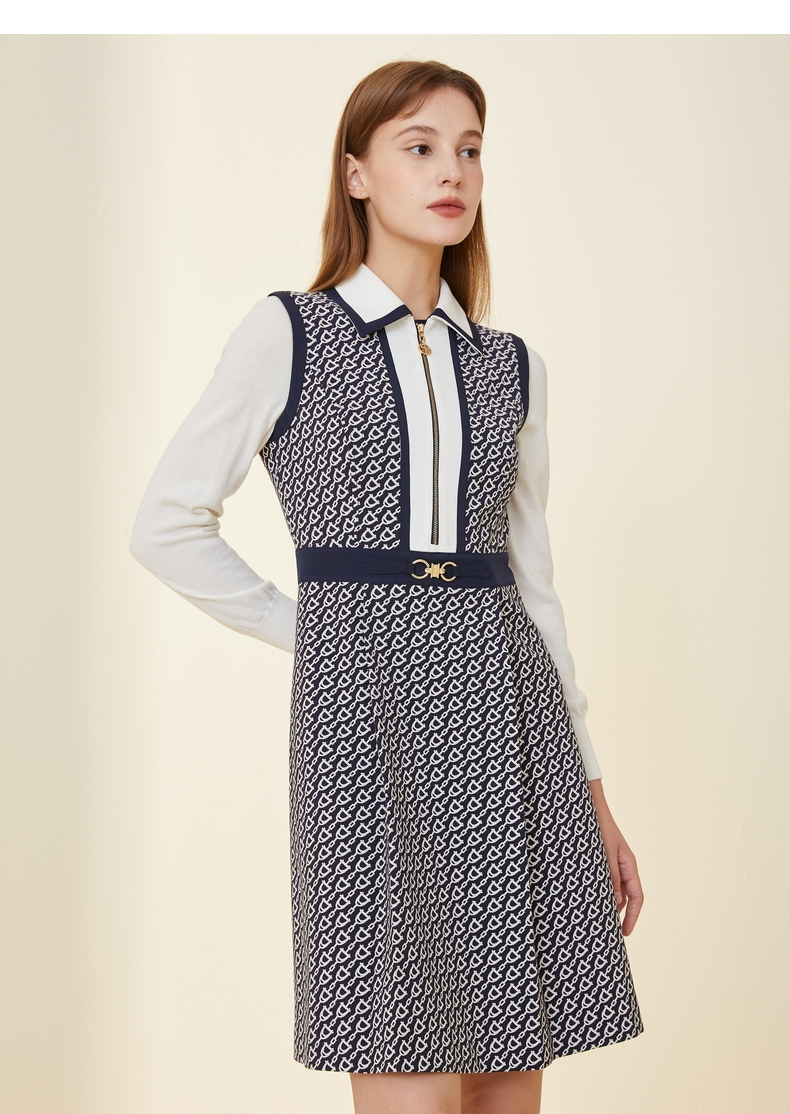 scofield女装春季经典英伦风锁链印花拼接设计通勤连衣裙藏青色155
