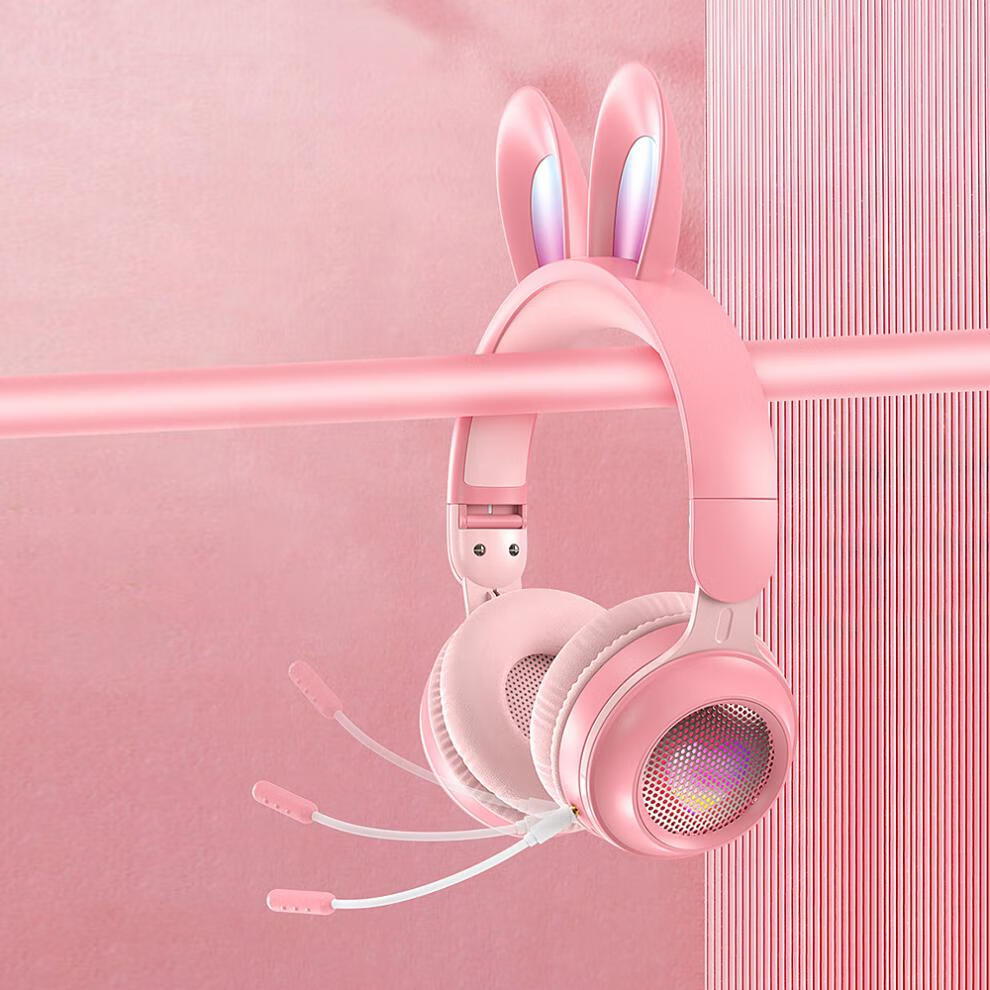 abdt头戴式儿童耳机无线发光兔耳朵带长麦女生音乐蓝牙耳机蓝纸盒包装