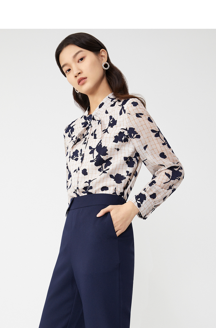 yiner音儿女装春季新款格纹蝴蝶结领衬衫上衣杏色40