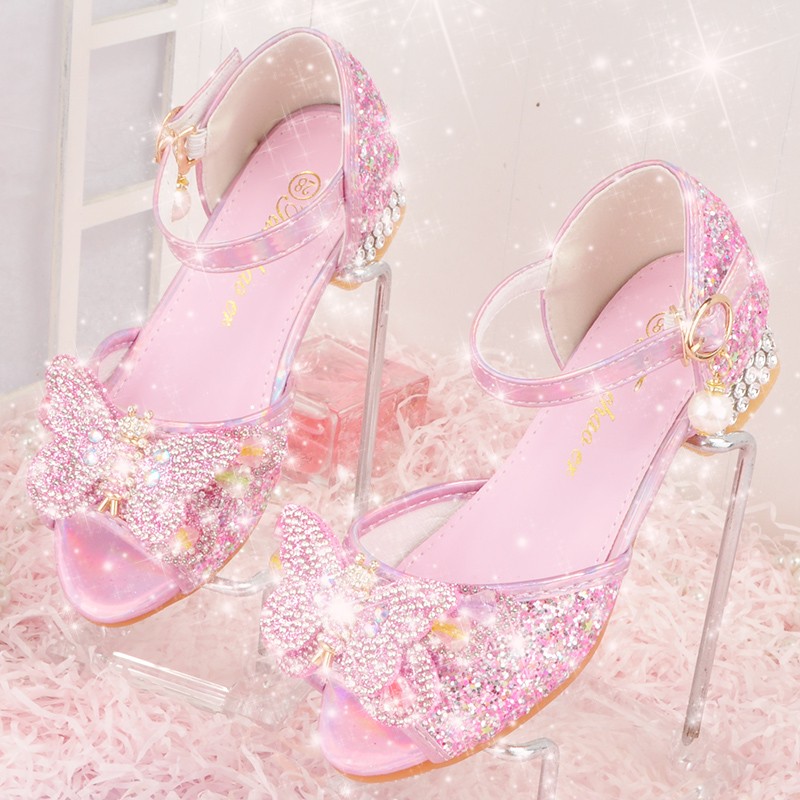 公主鞋女童夏儿童高跟鞋小女孩凉鞋中大童软底鞋子爱莎水晶鞋 3397-1